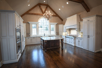 Kitchen - medium tone wood floor and brown floor kitchen idea in Nashville with a farmhouse sink, raised-panel cabinets, stainless steel appliances and an island