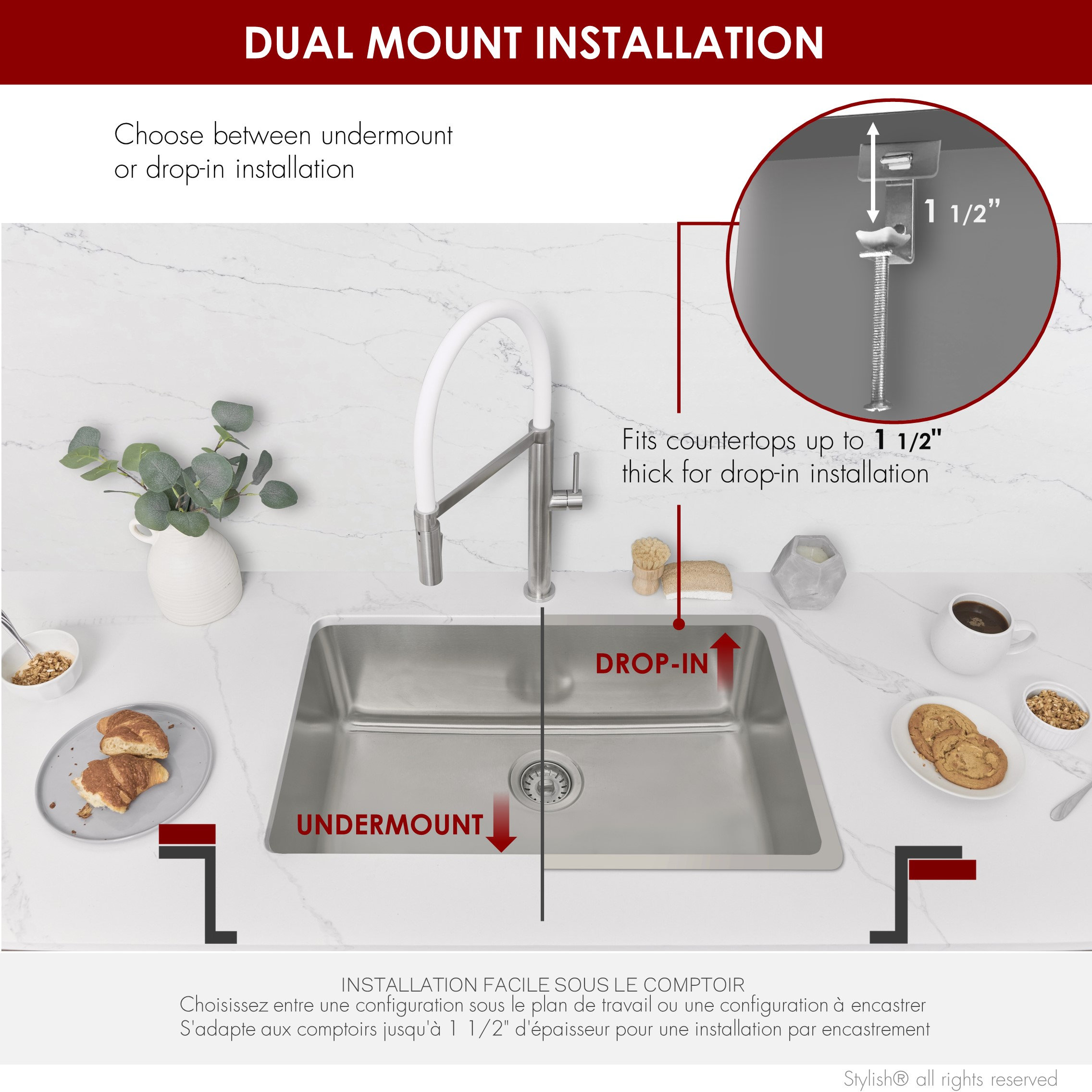 STYLISH 27 inch Single Bowl Undermount and Drop-in Stainless Steel Kitchen Sink