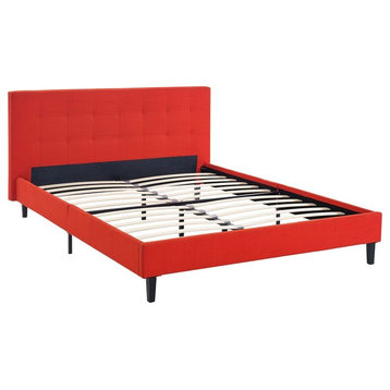 Modern Contemporary Urban Bedroom Full Size Platform Bed Frame, Red, Fabric Wood