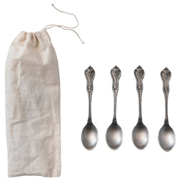 Vintage Embossed Brass Spoons in Drawstring Bag, Set of 4, Antique Silver Finish
