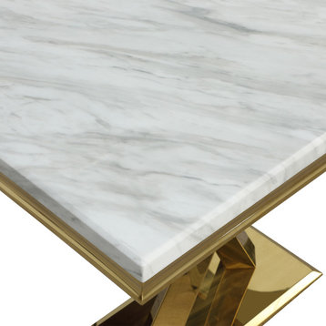 Leona White Rectangular Faux Marble Dining Table, Gold