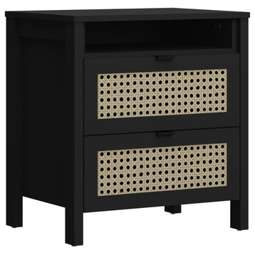 Carnforth 2-Drawer Black Nightstand Sidetable with Laminated Rattan