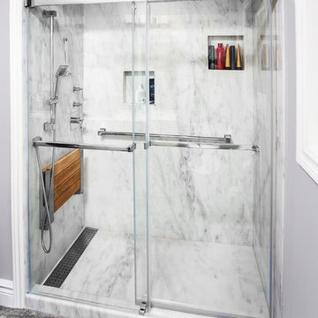 Front view of modern shower with seat up!