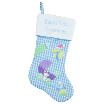 18.5" Blue and White Checked "Baby's First Christmas" Embroidered Stocking with