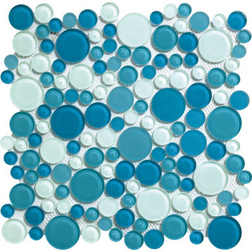 12"x12"X5/16" Glass Mosaic Tile, Bubble Collection, Ocean, Mixed Rounds, Set of