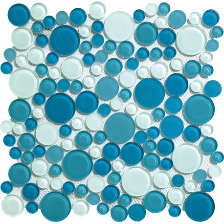 12"x12"X5/16" Glass Mosaic Tile, Bubble Collection, Ocean, Mixed Rounds, Set of