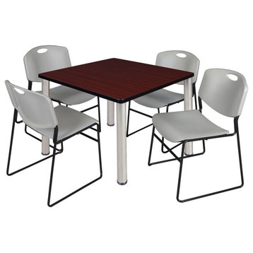 Kee 42" Square Breakroom Table- Mahogany/ Chrome & 4 Zeng Stack Chairs- Grey