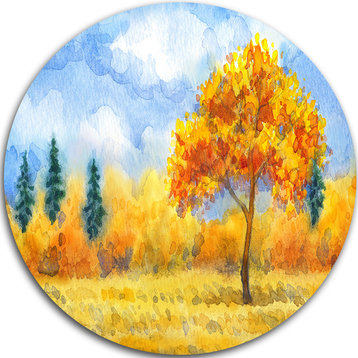 Yellow Trees, Watercolor Painting Landscape Disc Metal Wall Art, 11"