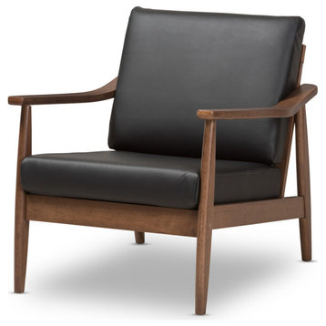 Venza Mid-Century Modern Walnut Wood Black Faux Leather Lounge Chair