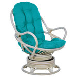 OSP Home Furnishings - Lanai Rattan Swivel Rocker Chair, Blue Fabric With White Wash Frame - Kick back and relax with our Kauai Rattan Swivel Rocker.  This woven rattan rocker will turn up the wow factor in any room. A great seating option for watching movies, gaming or just kicking back and taking it easy. Plush poly-fill cushion with channel pocket stitching, in 100% Polyester, creates billowing comfort. Simply tie cushion onto solid rattan and woven frame. Smooth ball bearing swivel action and relaxing rocking motion will ease away the day�s stresses while adding natural Boho style to your home. Simply untie the ample removable cushion and shake out to fluff up for years of sublime, cozy comfort.