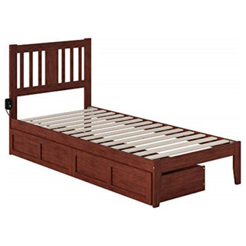 Twin Extra Long Bed With Usb Turbo Charger And 2 Extra Long Drawers, Walnut