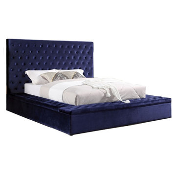 Furniture of America Vrell Fabric Tufted Cal King Bed with Storage in Blue