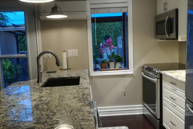 Small transitional single-wall dark wood floor and brown floor kitchen photo in Toronto with an undermount sink, raised-panel cabinets, white cabinets, quartzite countertops, stainless steel appliances, an island and brown countertops
