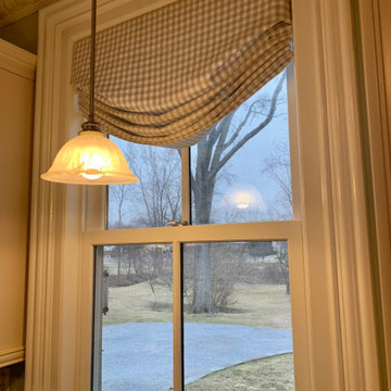 Shaped Bottom Roman Shade with Checked Fabric in Kitchen