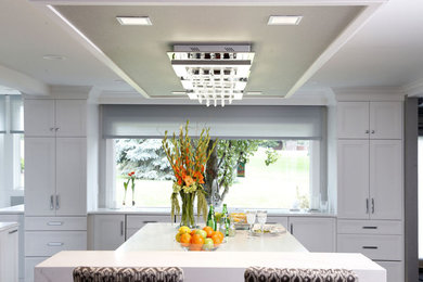 Kitchen - transitional porcelain tile and gray floor kitchen idea in Cedar Rapids with recessed-panel cabinets, white cabinets and glass countertops
