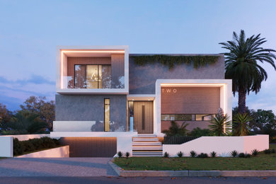 Modelo de fachada de casa multicolor contemporánea grande de dos plantas con revestimiento de madera