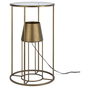 27.55" Round Metal Accent Table, Glass Top and Built, Electric Lamp