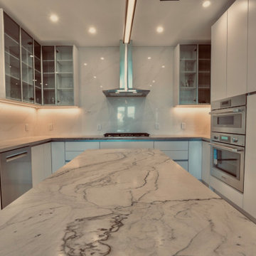 Marble Island Top and LED-Lit Cooktop Wall