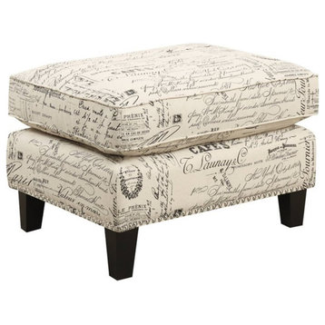 Bowery Hill French Script Fabric Upholstered Ottoman in Off White Espresso