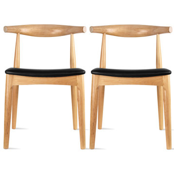 Set of 2 Modern Wooden Elbow Dining Chairs With PU Leather or Beige Fabric Seat, Natural