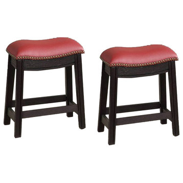 Benzara BM233106 18" Wooden Stool With Cushion Seat, Set of 2, Gray/Red