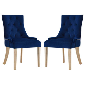 Set of Dining Chair, Soft Velvet Seat With Low Arms & Button Tufted Back, Navy