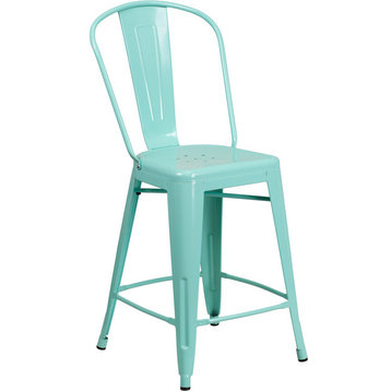 24" High Mint Green Metal Indoor-Outdoor Counter H Stool With Back