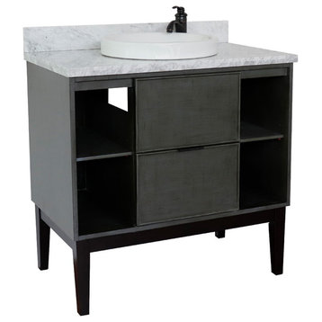 37" Single Vanity, Linen Gray Finish With White Carrara Top And Round Sink