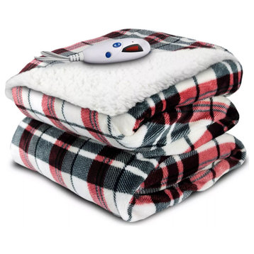 Pure Warmth Velour Sherpa Electric Heated Warming Throw Blanket Linen Plaid