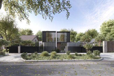 Large contemporary two-storey grey duplex exterior in Melbourne with metal siding, a flat roof, a metal roof and a black roof.