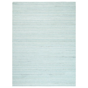 Ivory With Turquoise Modern Design Plain Hand Loomed Wool Rug, 9'1" x 12'0"