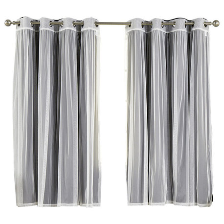 Gathered Tulle Sheer and Blackout 4-Piece Curtain Set, Black, 63"