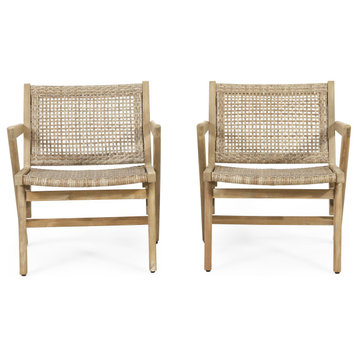 Inez Outdoor Wicker Club Chairs, Set of 2, Light Brown and Light Multibrown