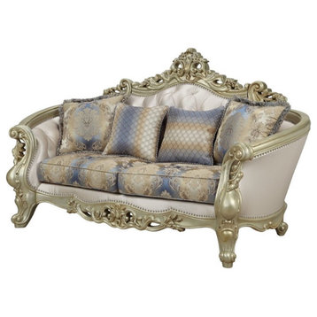 ACME Gorsedd Loveseat with 4 Pillows in Cream Fabric and Golden Ivory