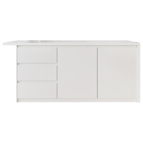 72" Large Kitchen Island With Storage Kitchen Cabinet Marble Veneered Top, White