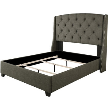 Peyton Upholstered Platform Cal. King Bed with Nailhead Trim in Gray Fabric