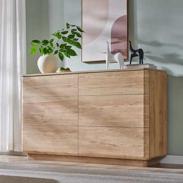 52" Natural Oak 6-Drawer Dresser - Modern Wood Chest with Curved Profile