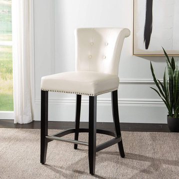 Elegant Bar Stool, Padded Seat With Rolled Back and Chrome Footrest, Flat Cream