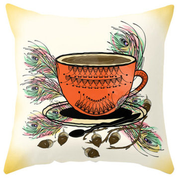 Orange Tea Cup Peacock Feathers And Acorns Pillow Cover