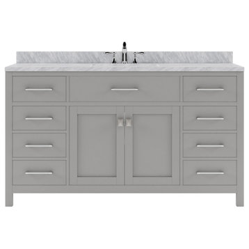 Caroline 60" Single Bath Vanity, Gray, White Marble Top and Square Sink