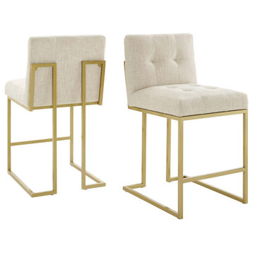 Counter Stool Chair, Set of 2, Fabric, Metal, Gold Beige, Modern, Bar Pub Bistro