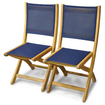 Teak and Sling Folding Side Chair Pair, Navy, Providence From Goldenteak