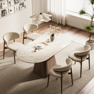 5 Pieces Modern Dining Table Set for 4 with Sandstone Grain Oval Table and Chair