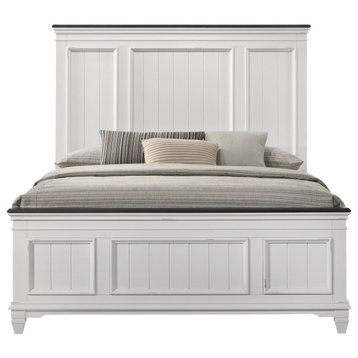 Queen Platform Bed, Grooved Panel Headboard With Walnut Accent, Weathered White