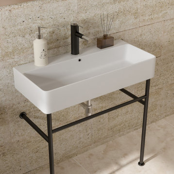 Rectangle Ceramic Console Bath Sink, Overflow, Black