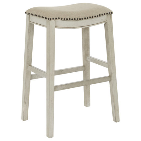 Saddle Stool 30", Beige Fabric and Antique White Base, Set of 2