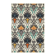 Hermosa Indoor and Outdoor Floral Tribal Ikat Ivory and Multi Rug, 5'3"x7'6", 5'