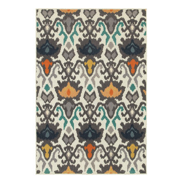Hermosa Indoor and Outdoor Floral Tribal Ikat Ivory/Multi Rug, 5'3"x7'6"