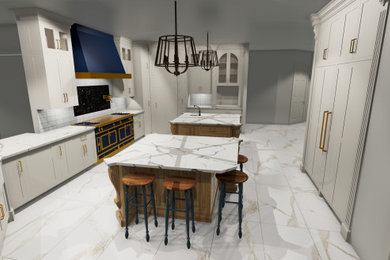 Huge french country marble floor and multicolored floor kitchen photo in Philadelphia with a farmhouse sink, beaded inset cabinets, white cabinets, marble countertops, multicolored backsplash, paneled appliances, two islands and multicolored countertops