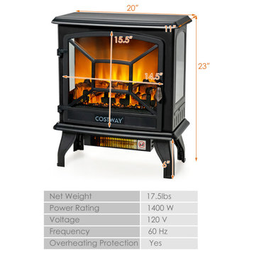 Costway 20'' Freestanding Electric Fireplace Heater W/ Realistic Flame 1400W
